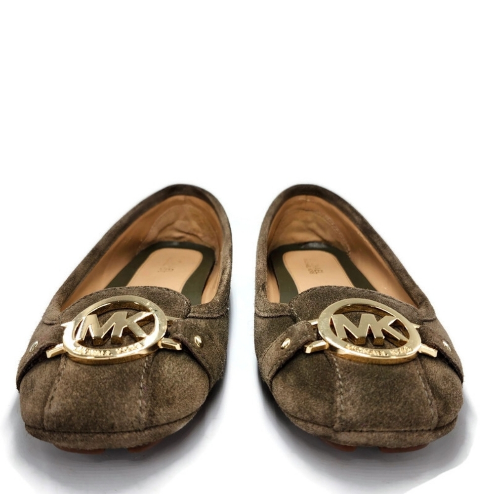 Michael Kors Fulton Dark Olive Green Suede Gold MK Logo Slip-On Driving Loafers - Picture 5 of 14